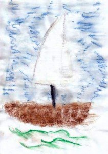 Segelschif Aquarell mit Wachsmalkreide auf Papier/A4